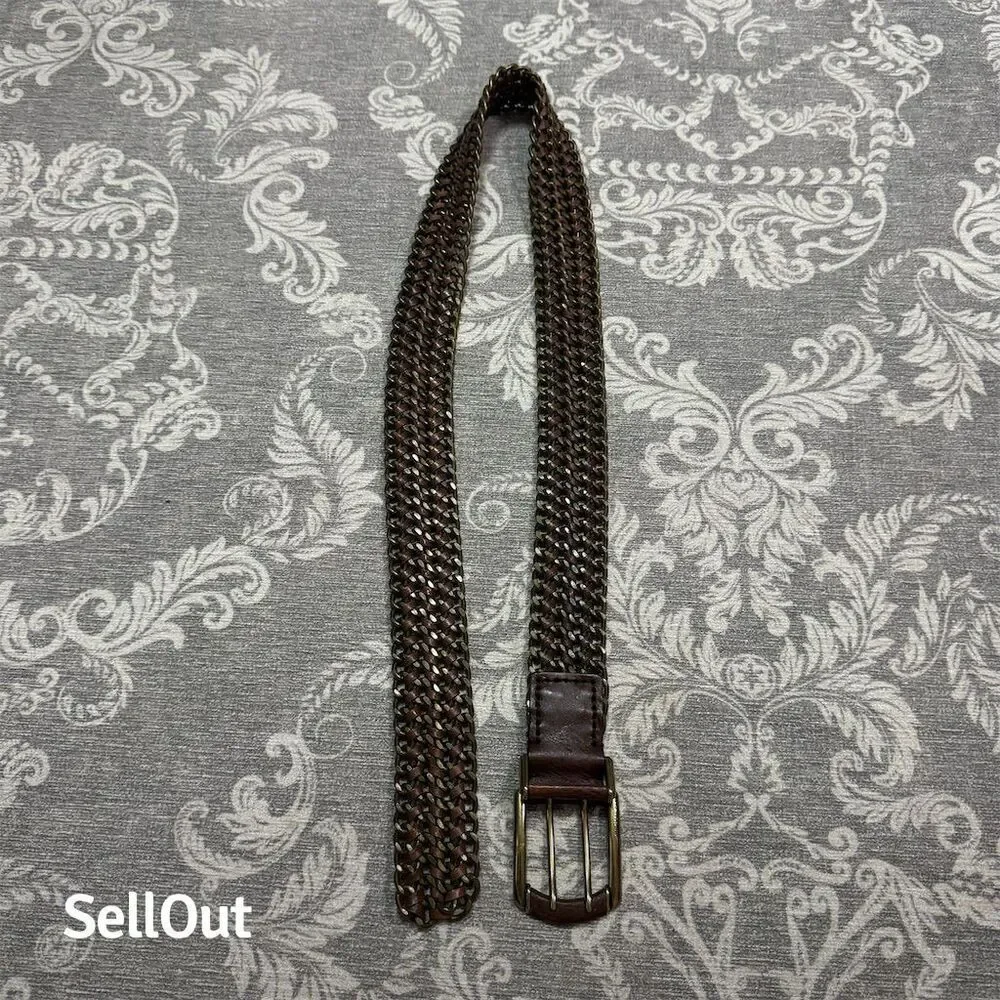 Men's Brown Braided Michael Kors Brass & Leather Belt with Brass Buckle
